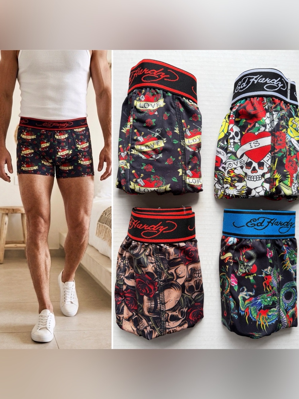 Ed Hardy Men’s Black Tattoo-Print Boxer Briefs - Love Motif S,L